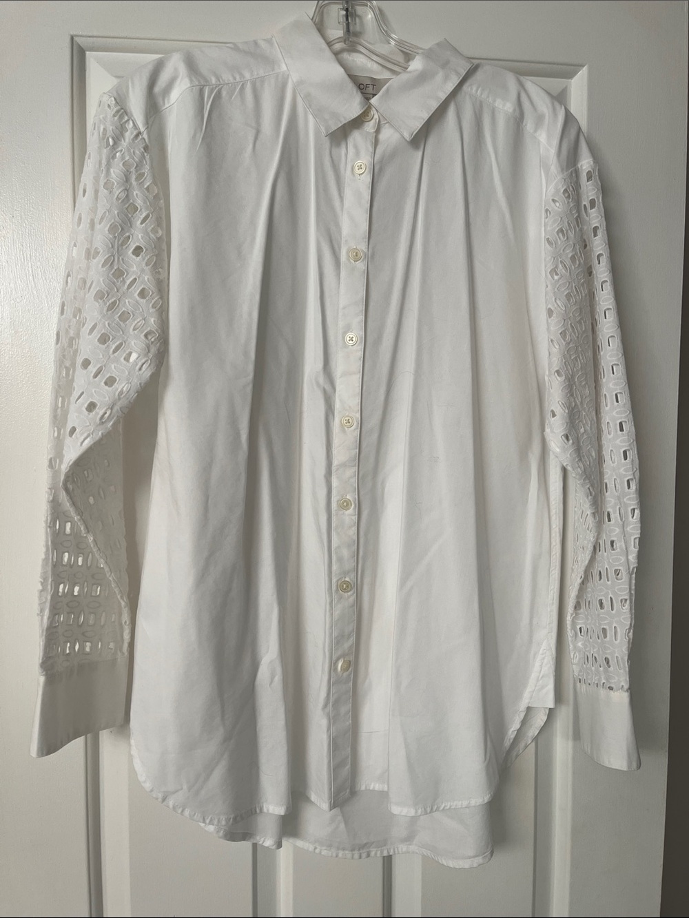 LOFT White Button-Down Shirt with Eyelet Sleeve Detail